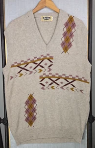 VTG BARCLAY AUSTRALIA Size Large 42 Super Lambs Wool Mens Vest Argyle Offset Tan - Picture 1 of 11