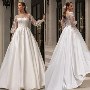 Elegant A-Line Wedding Dresses O-Neck Long Sleeved Lace Appliques Bridal Gowns - Picture 1 of 8