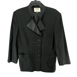 Vintage Kasper Tuxedo Jacket Womens 16 Black Wool Satin Double Breasted Blazer - Picture 1 of 15