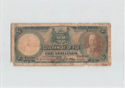FIJI 5 Shillings 1934, P-31b Wright / Craig / Boyd, B/1 89,930 KGV Rare, Fair E1 - Image 1 of 2
