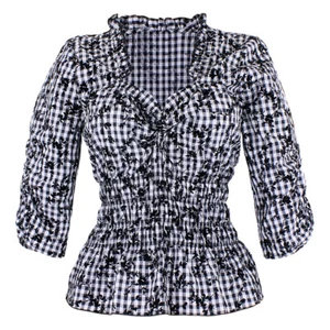 Trachtenbluse Damen Bluse Tailliert Blumenstickerei Schwarz Weiß - Bild 1 von 8
