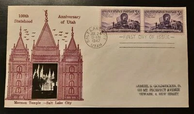 1947 FDC Utah 100th Year Mormon Temple Crosby Photo Cachet Salt Lake City UT NJ - Image 1 of 2