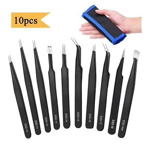 10Pcs ESD Anti-static Tweezers Set Maintenance Repair Stainless Steel Tools Kit - Picture 1 of 5