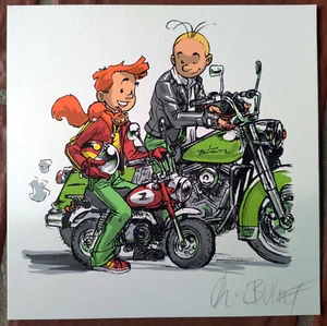 BUCHET - SPIROU & FANTASIO A MOTORRAD grün - Exlibris Siebdruck Rasputin - Bild 1 von 1