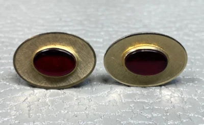 Vintage Brush Finished Bezel Oval Red Lucite Yellow Gold Plated Cuff Links - Image 1 of 3