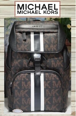 NWT MICHAEL KORS Mens COOPER Sport Rucksack Backpack In BROWN BLACK Stripe MKsig - Image 1 of 4