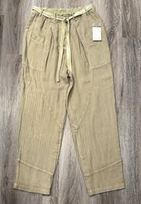 Free People Pants Womens S Khaki High Rise Belted Linen Cotton Blend NEW - Image 1 of 4