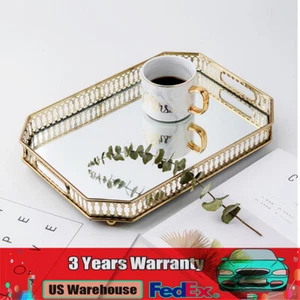 Vintage Octagon Mirror Glass Tray Bedroom Vanity Dresser Cosmetic Perfume Holder - Picture 1 of 12