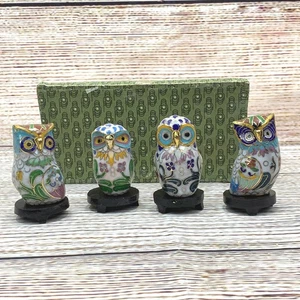 Vintage Cloisonne Enamel Owl Figurines with Wood Stands Set of 4 - Picture 1 of 11