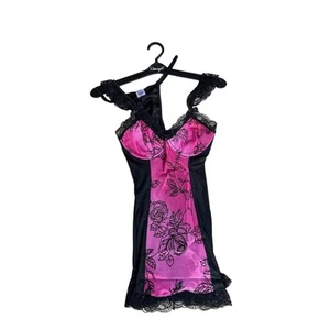 Dreamgirl Pink & Black Rose Slip & Thong Set - Size Small - Picture 1 of 12