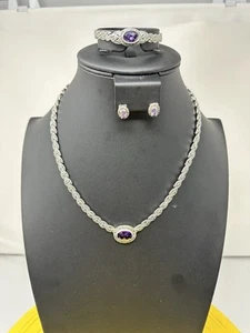 Elegant Sterling Silver Amethyst Marcasite Necklace Bracelet Earrings 60g 20 In - Picture 1 of 19