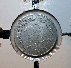 1922 Weimar Germany ~ 10 Ten Pfennig ~ Rotated Dies Mint Error ~ RARE - Picture 1 of 4