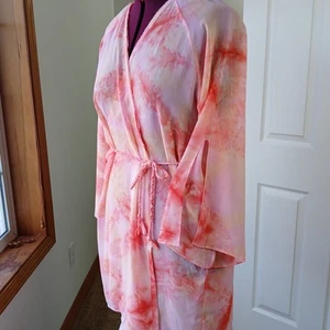 Josie Natori Sheer Fringed Kimono Robe Swim Cover XL pink tie dye X92979 open - Picture 1 of 11