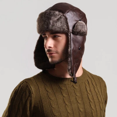 Men Faux Leather Russian Cossack Trapper Hat Ushanka Aviator Ski Caps Retro Warm - Image 1 of 4