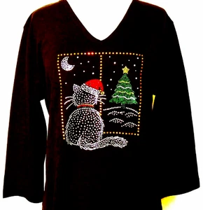 Plus 1X 2X 3X Rhinestone Bling Christmas Kitty Cat Tree Moon Star Knit Top - Picture 1 of 5