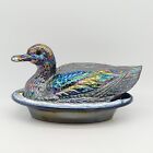 Levay Westmoreland Glass Cobalt Blue Carnival Duck On Nest Covered Dish Wavy