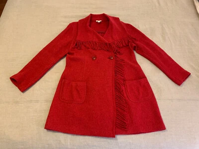 Chico’s Size 1 Red Boiled Wool & Rayon Fringed Coat Double Breasted Shawl Collar - Image 1 of 4