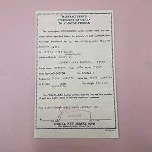 TRIUMPH T150V MANUFACTURER'S STATEMENT OF ORIGIN MSO DOCUMENT TRIDENT T150 - Bild 1 von 16