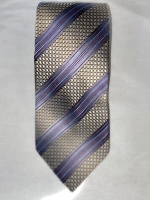 Giorgio ARMANI Italian Silk Tie Tan w/Purple Pale Blue Stripes Excellent! - Image 1 of 4
