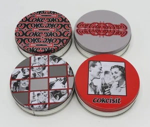4 different sets of each 4 Coca-Cola coasters, metal & cork, 3.5" diameter - Picture 1 of 11
