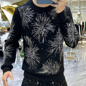 Men Luxury Diamond Rhinestones Fashion Black Pullover High Quality - Picture 1 of 10