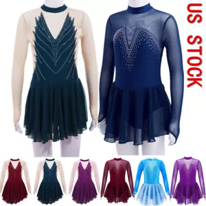 Girls Ice Skating Dress Kids Sparkly Rhinestone Ballet Dance Dress Dancewear - Picture 1 of 59