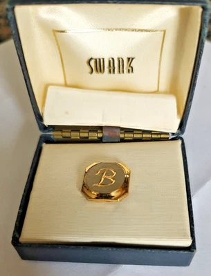 B Monogram Initial Letter Vintage Gold SWANK Lapel Pin Tie Tack ben bob bill - Image 1 of 4