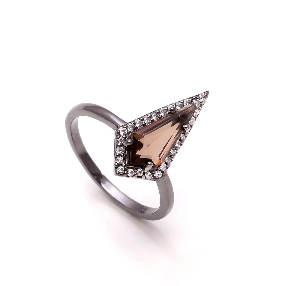 Anillo con forma de cometa de cuarzo ahumado natural plata de ley 925 joyería oxidada negra Foto 1 de 4
