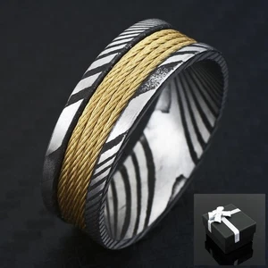 8mm Men's Damascus Steel & Gold Gold Plated Center Stripe Wedding Band Ring - Picture 1 of 7