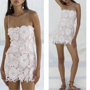 Ixiah Pompom Floral Appliqué Pink Lace Mini Dress Size 4 - Picture 1 of 9