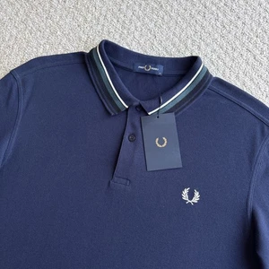 Fred Perry Striped Collar Polo Shirt Carbon Blue Mens Size XL Extra Large BNWT - Picture 1 of 16