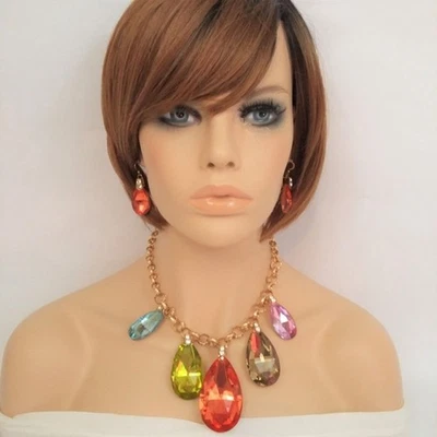 NEW Chunky Multi Rainbow Color Gold Gemstone Drop Pendant Statement Necklace Set - Image 1 of 4