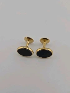 Vintage Mens Gold Tone Black Enamel Oval Cufflinks Classic Tuxedo Wedding Formal - Picture 1 of 6