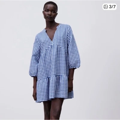 Zara синий имбирь Кокетливое платье маленький ярусный мини Puff рукав Cottagecore - Изображение 1 из 4