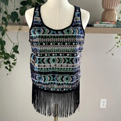 Camiseta sin mangas Charlotte Russe azul verde negro lentejuelas flecos M Festival Boho Rave Foto 1 de 4