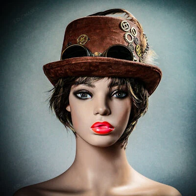 Marrón Retro Steampunk Encaje Ribete Pluma Gafas Top Sombrero Fiesta Disfraz Sombrero Unisex Foto 1 de 4