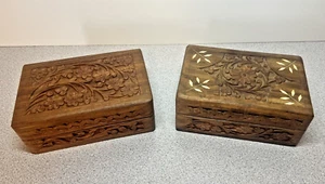 Lot of 2 Antique Vintage Hand Carved Wooden Trinket Or Jewelry Boxes   (C-12) - Picture 1 of 10