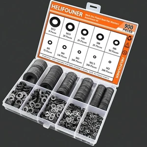 900 Pezzi Rondelle Piatte Zinco Nero per Viti Bulloni, Rondelle Piatte Kit Assortito - Foto 1 di 6