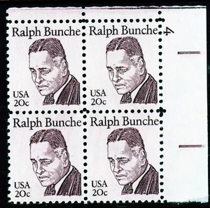 US 1860 Ralph Bunche 20c - UR Plt Blk of 4 -MNH -Plt #4 - $6 Durland Value - Picture 1 of 1
