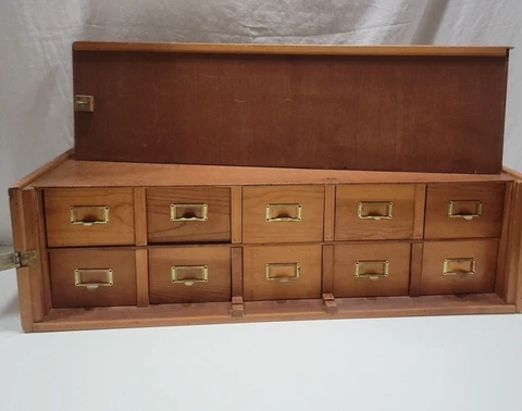 Vintage Handmade Library Card Catalog 10 Drawers W Latching Drop Down Door Front Cover