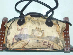 ALYSSA LOS ANGELES LARGE SHOULDER BAG WITH MAPS SEPHIA COLORS ON TAN ~ 2 HANDLES - Picture 1 of 12