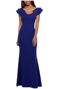 Betsy & Adam Women's Long Over-The-Shoulder Ruffles Gown Marine - Picture 1 of 2