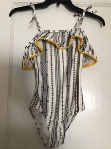Old Navy Girls Ruffled Pom Pom Trim Swimsuit White Yellow Geo Medium M - Picture 1 of 8