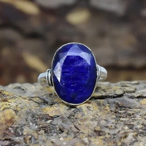 Facettierter blauer Saphir Edelstein handgefertigt Silber Schmuck Ring Größe 8 RSLS497 - Bild 1 von 5