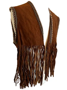 Vintage Damen Wildleder Leder Weste kleine Fransen Hippie braun Boho Festival Western - Bild 1 von 14