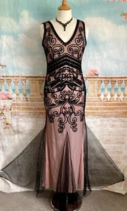 Flapper Dress 10 Black Ballgown Stretch Tapework Sequined Art Deco 20's Evening - Picture 1 of 7