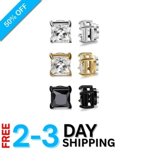 3 Pairs Stainless Steel Magnetic Stud Earrings Non-Piercing CZ 5-8mm Gift - Picture 1 of 9