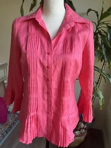 Peter Martin Coral Pink Fitted Linen Top Button down Shirt 3/4 sleeve, Medium - Picture 1 of 8