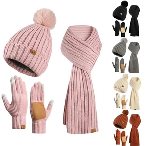 Winter Beanie Fleece Lined Pom Pom Hat Long Scarf Touchscreen Gloves for Women - Picture 1 of 16
