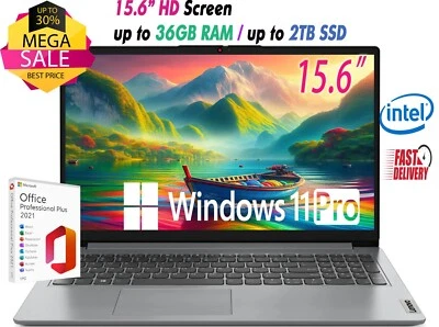 Lenovo Slim Laptop 15.6" Intel N4500 Up to 36GB RAM & 2TB SSD Win11 PRO+OFFICE - Image 1 of 4